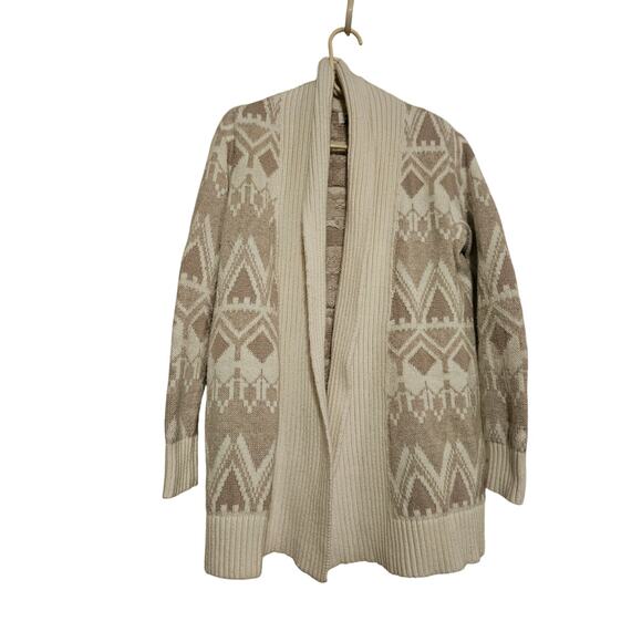 Old Navy Tan Cream Size Medium Open Front Long Cardigan Fold Over Collar Lapel - Picture 1 of 6